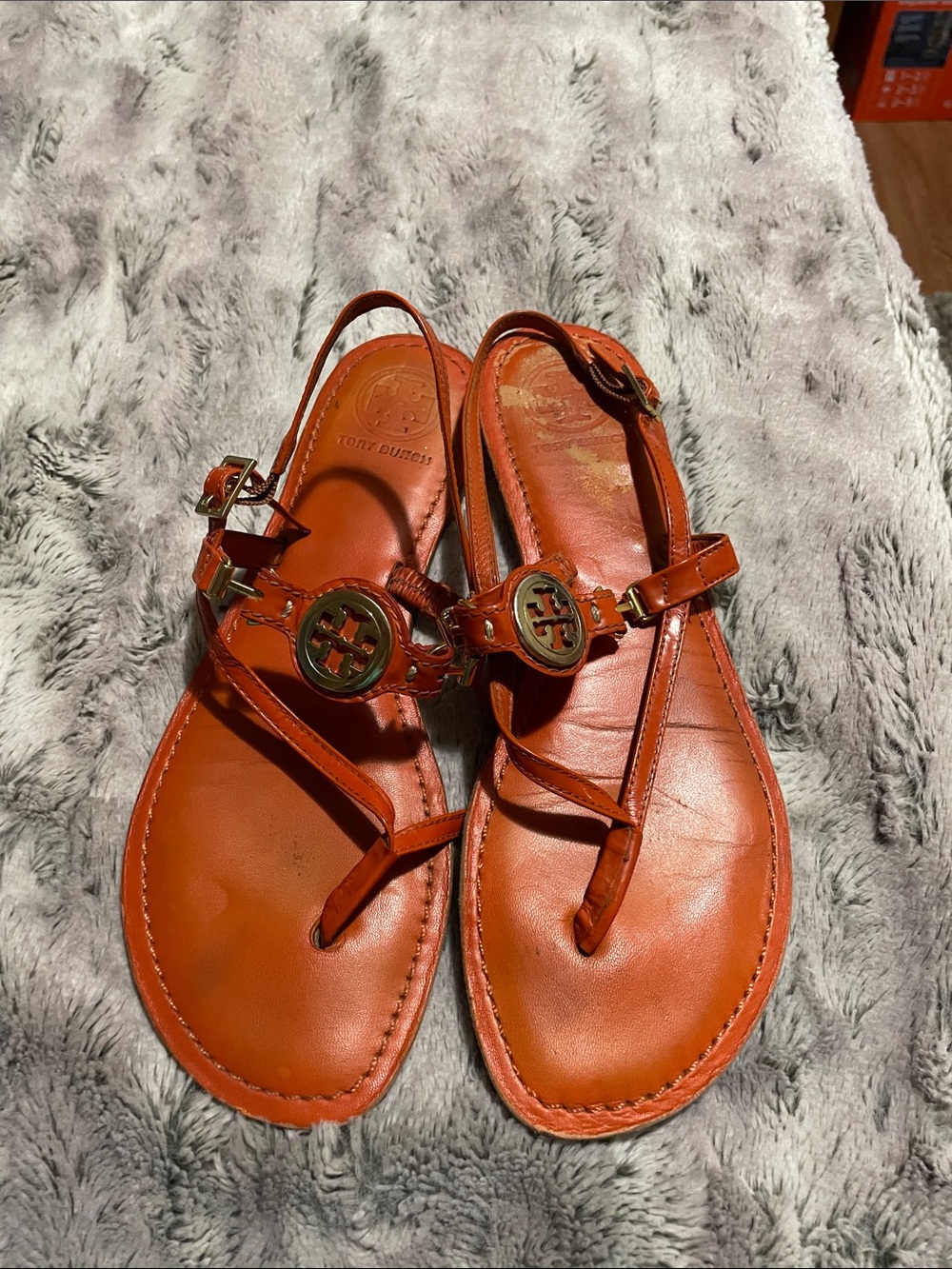 Tory Burch Orange Leather Logo Thong Sandals
